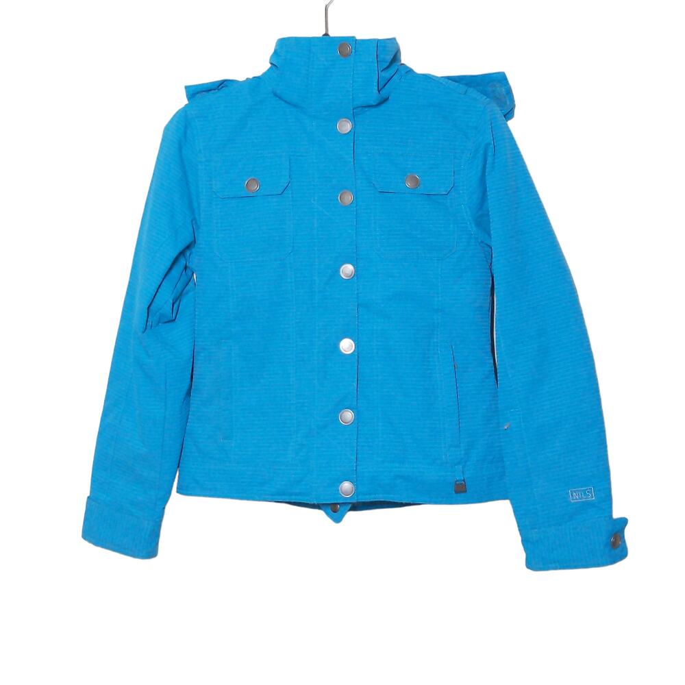 Nils Womens Ski Jacket Blue Stripe Waist Length Snap Hood Waterproof Mock Neck 2